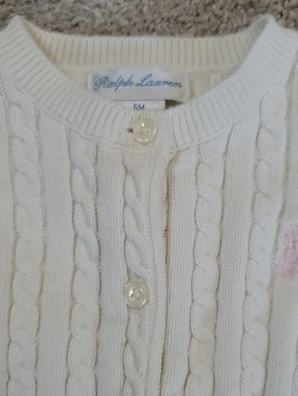 Ralph Lauren Cream Cable Knit Button-Up Cardigan with Pink Polo Pony. 6 Months